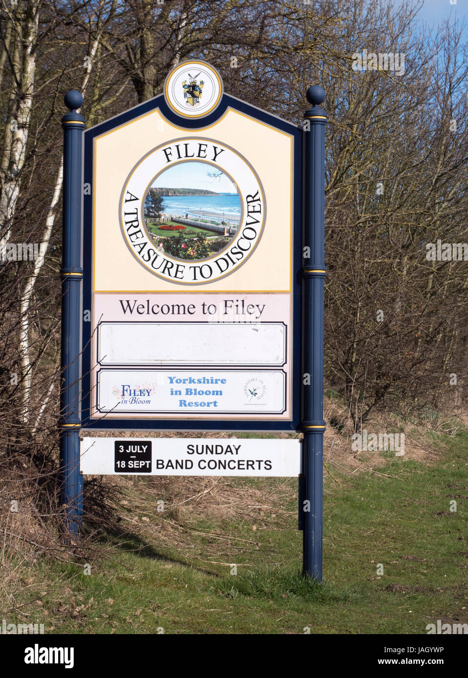 Panneau de bienvenue à Filey, Yorkshire, Angleterre, Royaume-Uni Banque D'Images