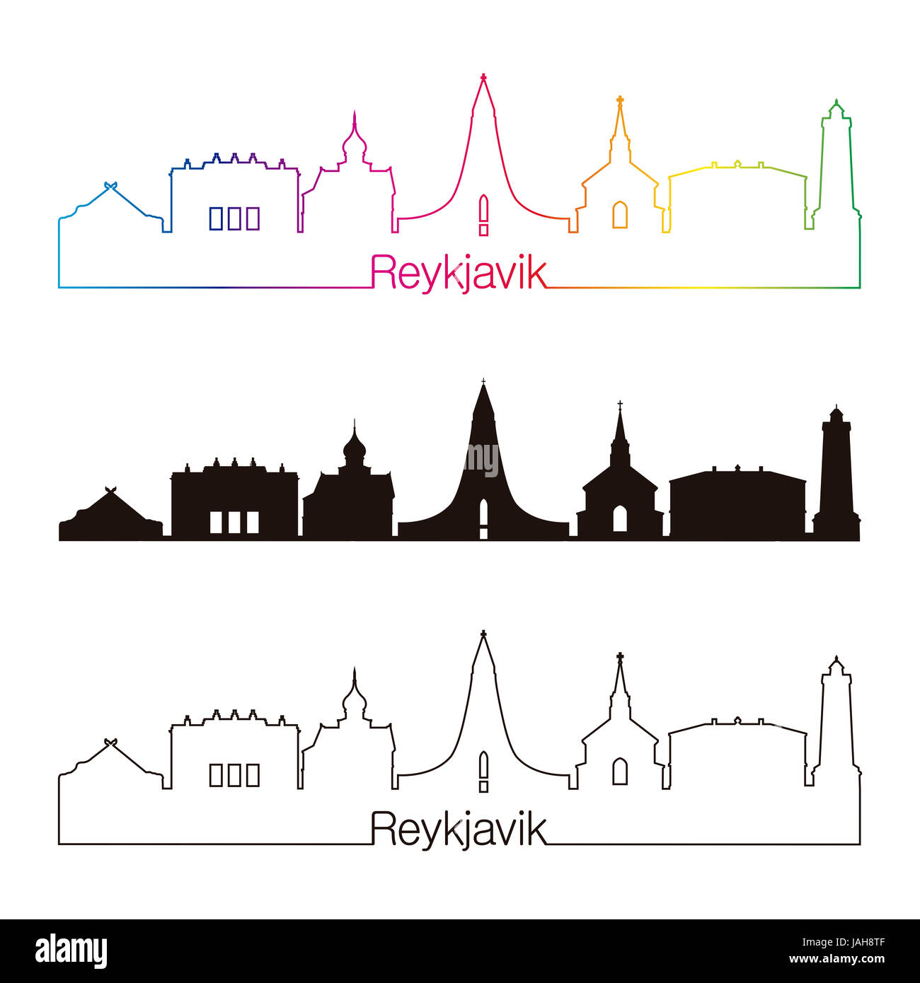 V2 de Reykjavik skyline style linéaire avec rainbow en fichier vectoriel éditable Banque D'Images