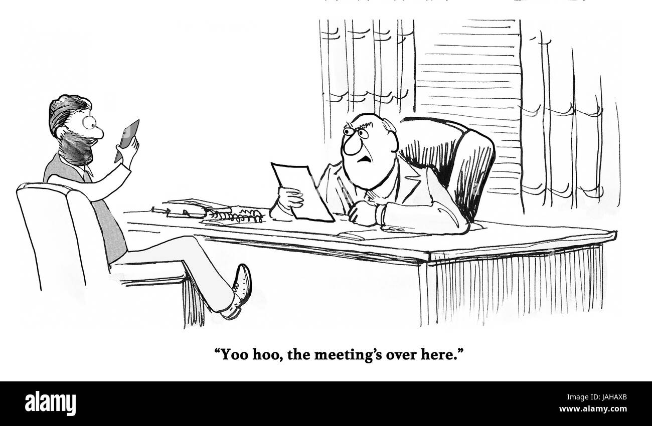 Caricature d'affaires sur un travailleur porté sur son téléphone cellulaire, il n'est pas la réunion. Banque D'Images
