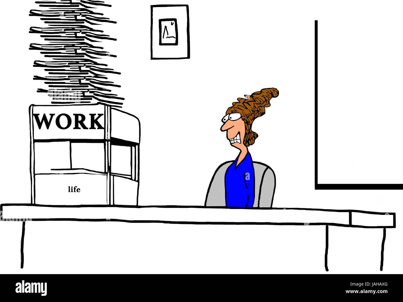 Caricature d'illustration a souligné business woman avec beaucoup trop de travail à faire et pas assez de la vie. Banque D'Images