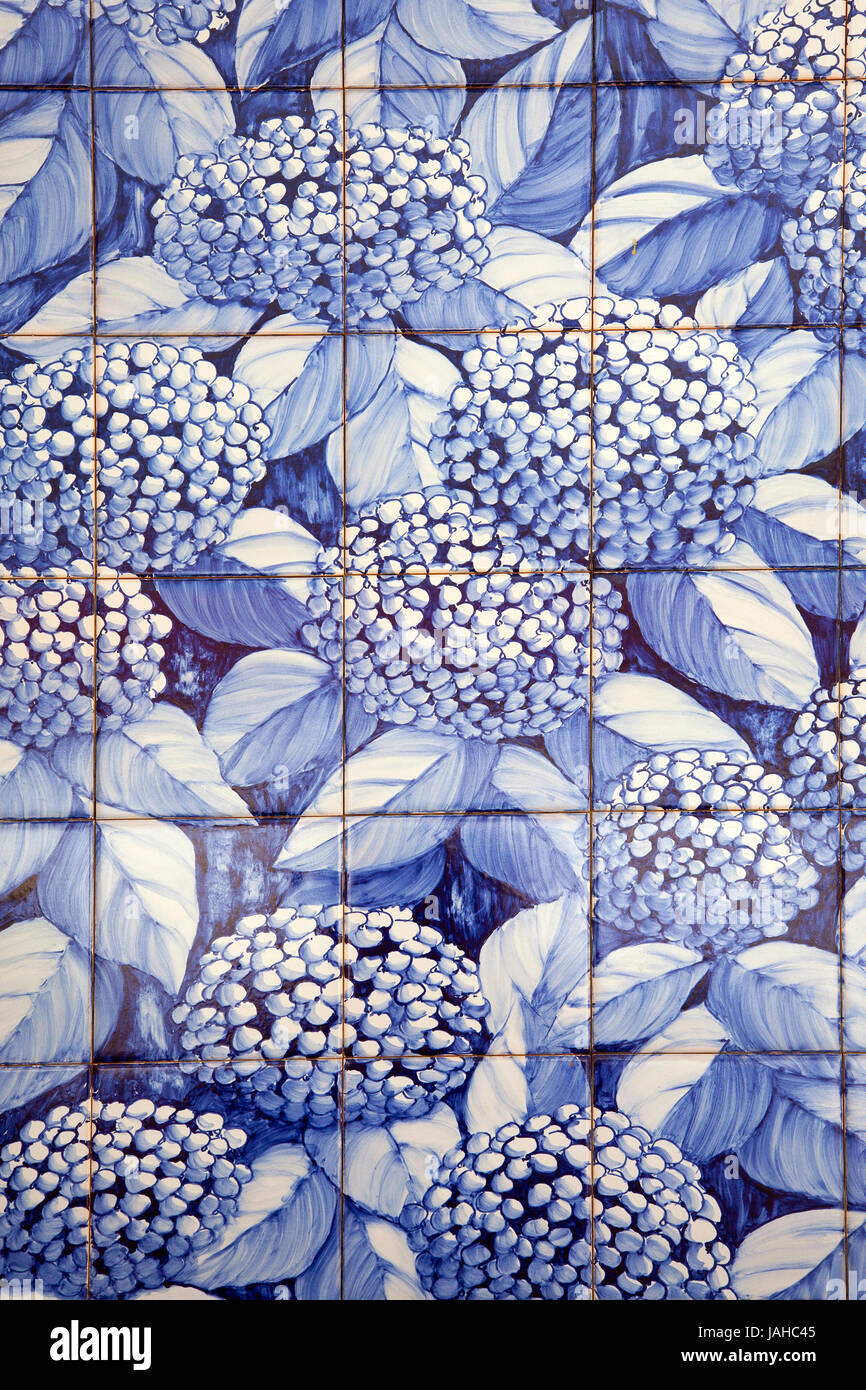 Une fresque en carreaux de faïence bleue, 'azulejo', avec des fleurs d'hortensias. Vila Franca do Campo, Açores, Portugal. Banque D'Images
