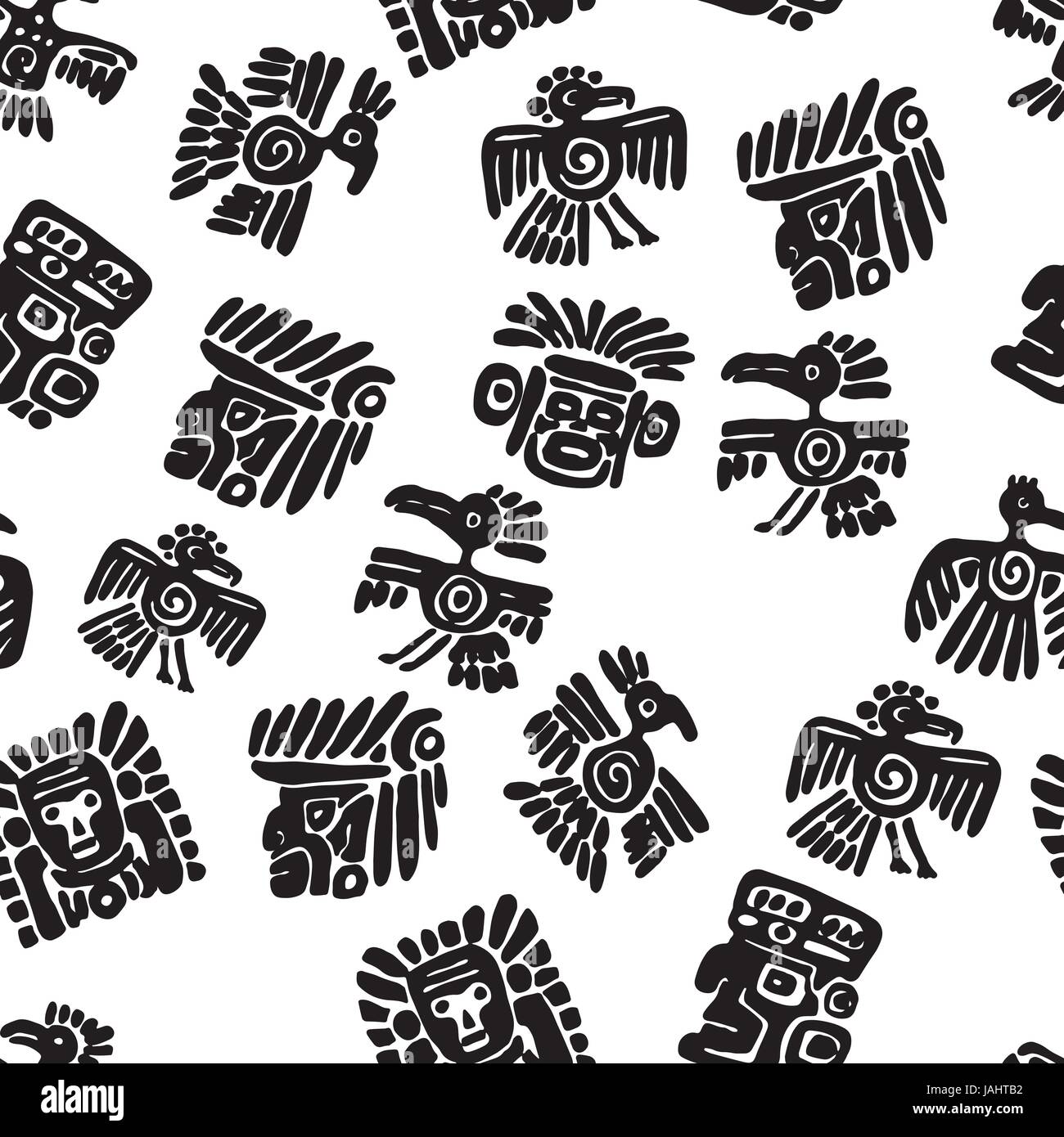 Modèle maya vectoriel continu. Le noir et blanc des éléments ethniques. Doodles tribal ornement. Résumé d'anciens symboles des oiseaux, des animaux et des visages Illustration de Vecteur
