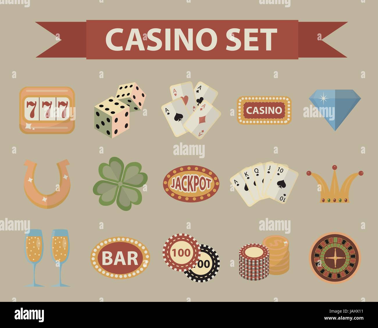 Icônes de Casino, esprit vintage. Jeu de hasard isolé sur un fond blanc. Poker, jeux de cartes, bandit manchot, roulette collection d'éléments de conception. Illustration vectorielle, clip art. Illustration de Vecteur