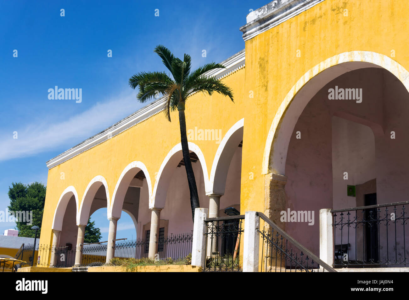 De plus en plus des palmiers à côté d'un bâtiment colonial jaune dans la ville d'Izamal, Mexique Banque D'Images