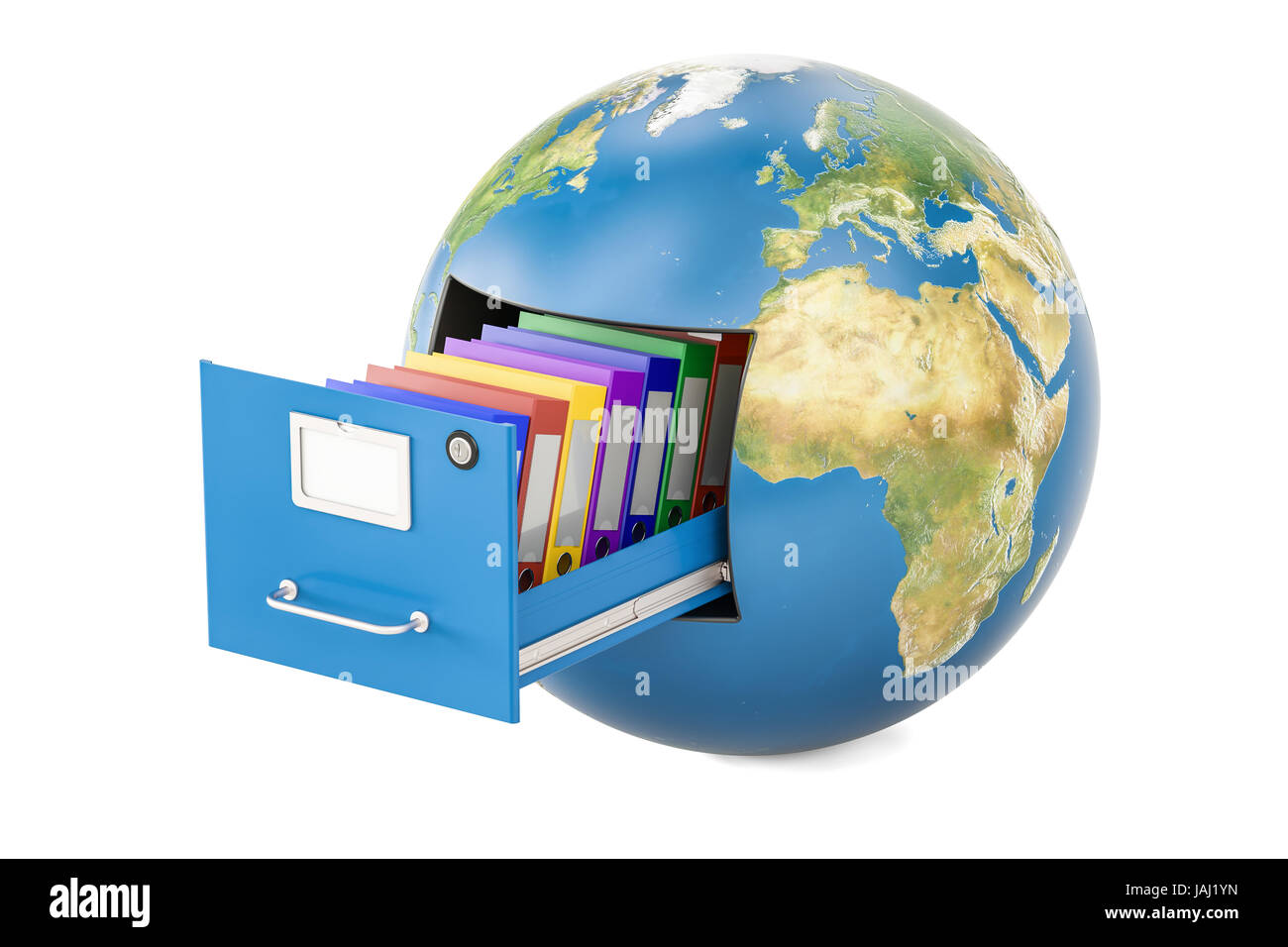 Le stockage des données à l'échelle mondiale. Globe terrestre avec des dossiers dans un classeur, 3D Rendering isolé sur fond blanc Banque D'Images