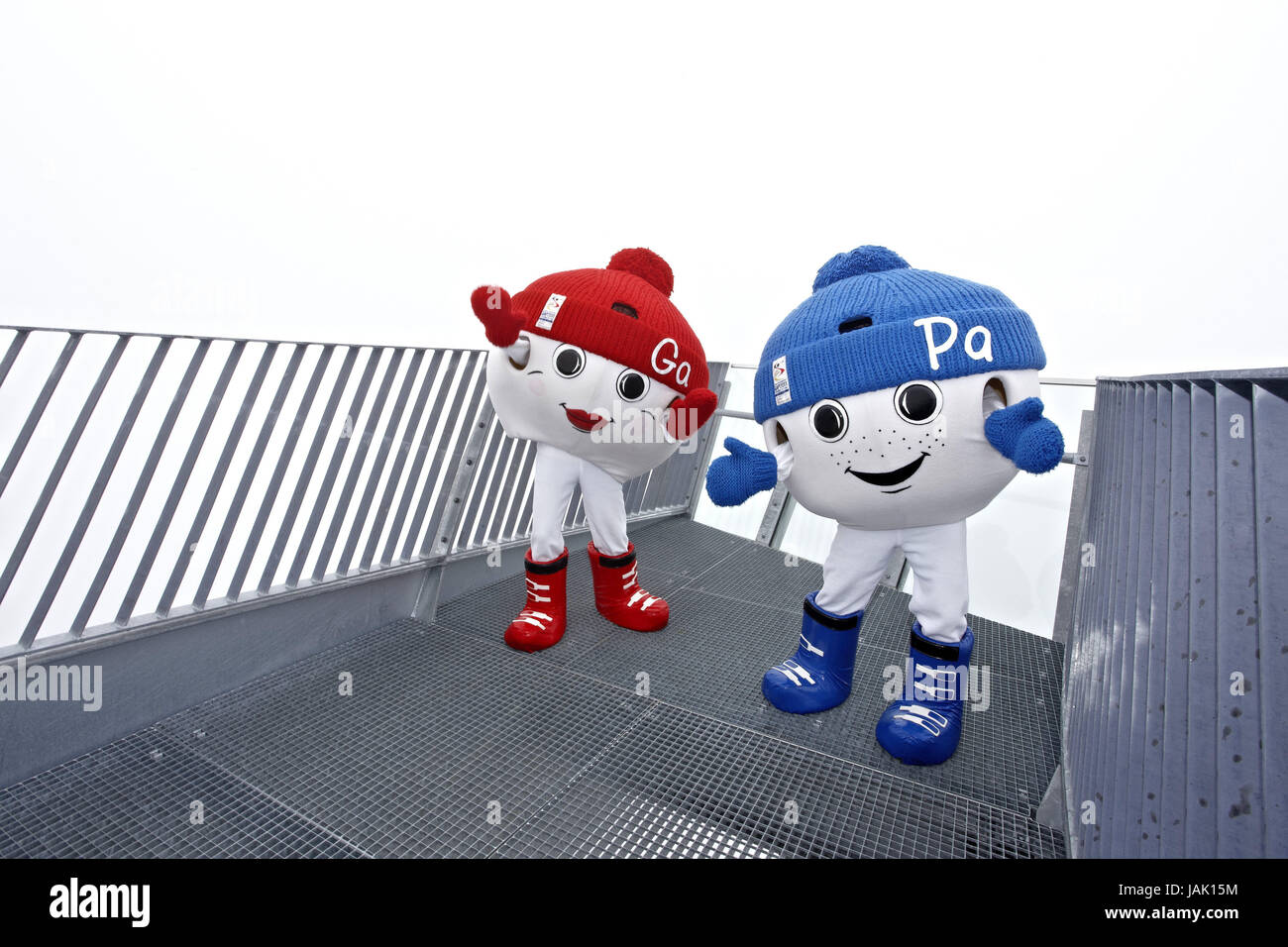 Lookout,Alpspix,mascot,Ga&pa,Haute-bavière,Bavière Garmisch-Partenkirchen,les championnats du monde de ski,ski,icône,personnages,rouge,bleu,acier,le travail de conception, Banque D'Images