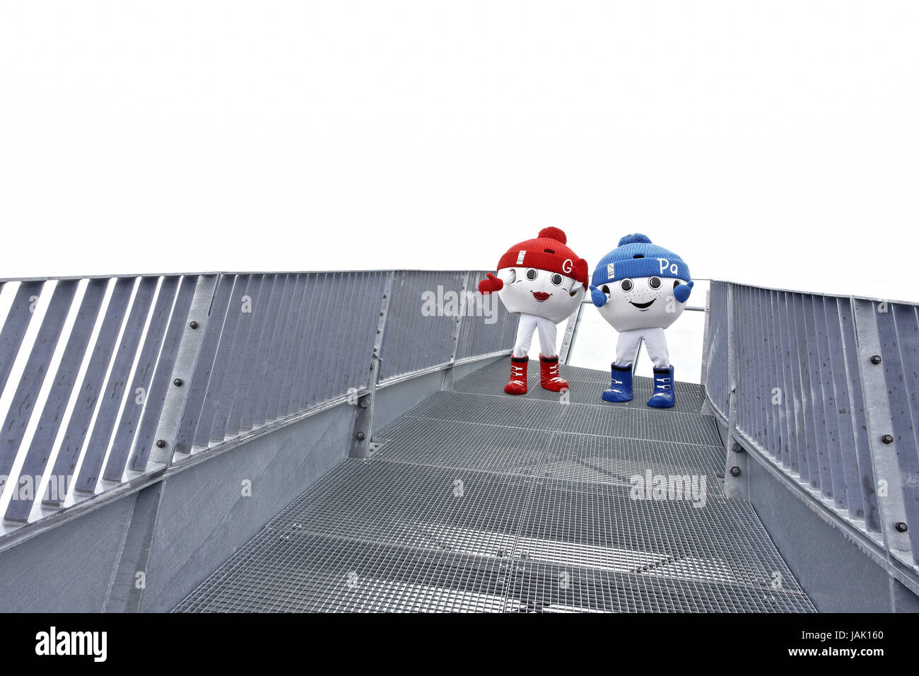 Lookout,Alpspix,mascot,Ga&pa,Haute-bavière,Bavière Garmisch-Partenkirchen,les championnats du monde de ski,ski,icône,personnages,rouge,bleu,acier,le travail de conception, Banque D'Images