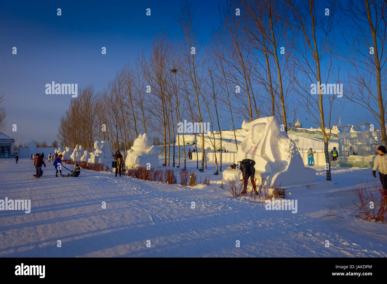 Harbin, Chine - Février 9, 2017 : de belles sculptures de neige dans le Harbin International Ice and Snow Sculpture Festival, le plus grand festival de glace et de neige. Banque D'Images