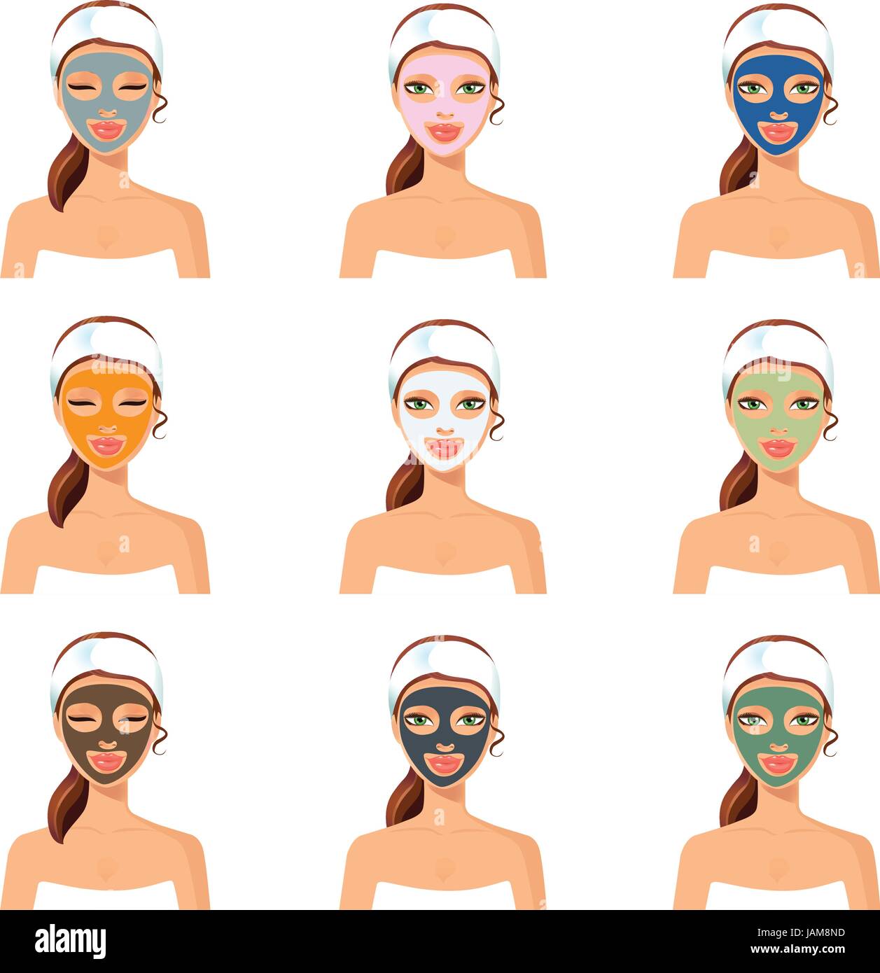 Illustration vecteur de couleur différents masques visage. Femme avec un masque sur le visage. Illustration de Vecteur