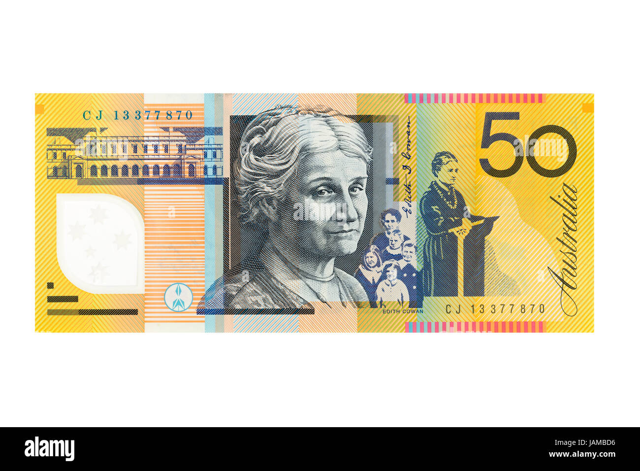 Billet de cinquante dollars australiens sur un fond blanc Banque D'Images