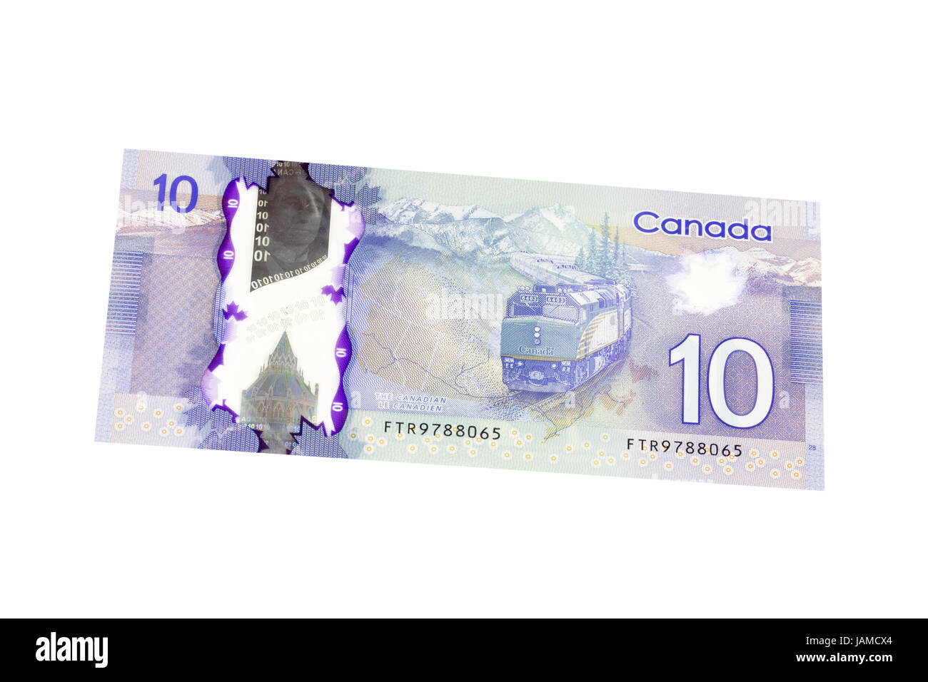 Billet de 10 dollars canadiens sur un fond blanc Banque D'Images