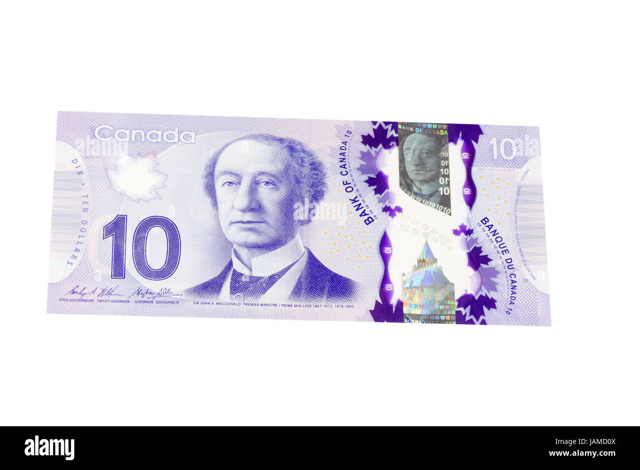 Billet de 10 dollars canadiens sur un fond blanc Banque D'Images