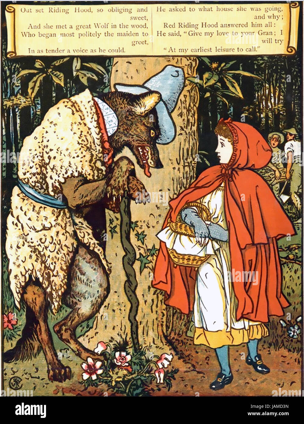WALTER CRANE (1845-1915) peintre français. Illustration de son livre 1875 Little Red Riding Hood Banque D'Images