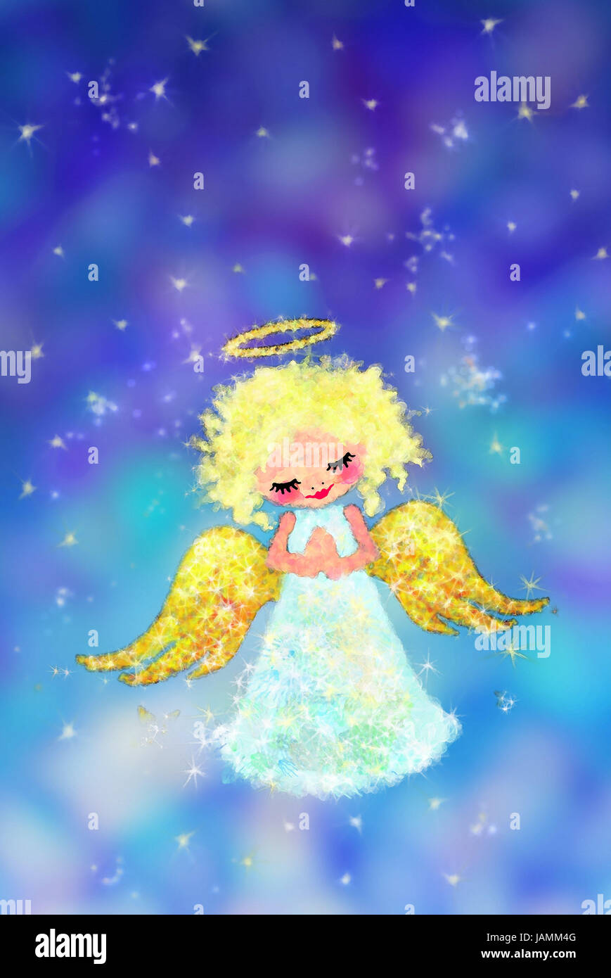 Illustration,angel,heureusement,mains jointes,pieuse,étoile,ciel,infographie,yule marée basse,la veille de Noël, le ciel étant,voyant,ciel messenger,petit ange,blonde,halo,aile,priez,doucement,seulement,pour Noël,ciel,ciel étoilé,silence,reste,comme un motif de Noël,Chrétien,conception,enfantine,Noël,ange de Noël,la prière,la dévotion,foi,Protection,innocence,ange gardien,enfant,rêve rêve de Noël,mains,plié, Banque D'Images