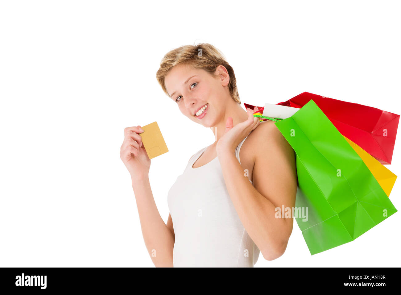 Einkaufstüten glückliche Frau mit und kredit karte auf weißem hintergrund Banque D'Images