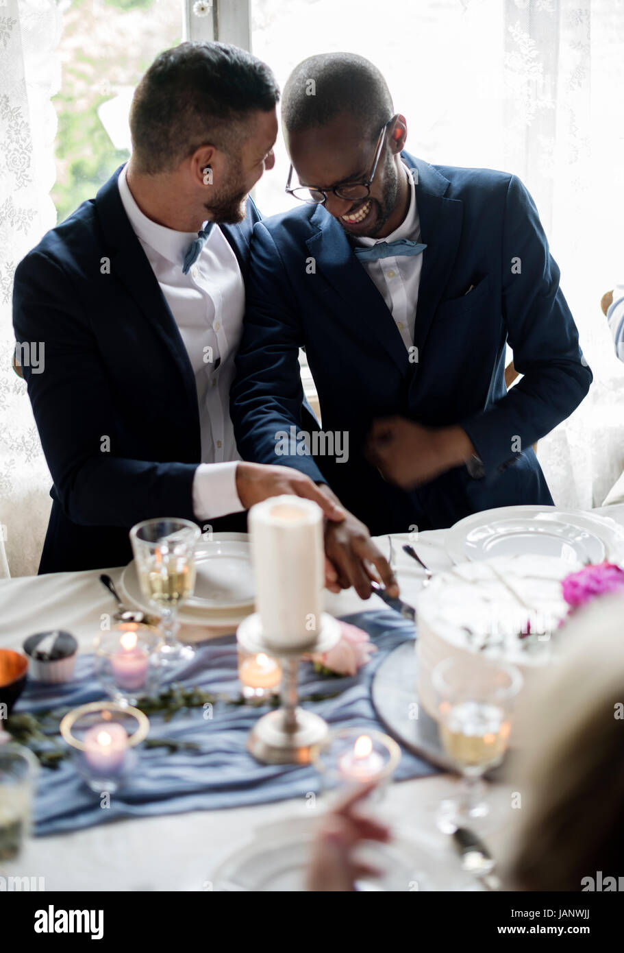 Couple Gay Gâteau coupe ensemble sur réception de mariage Banque D'Images