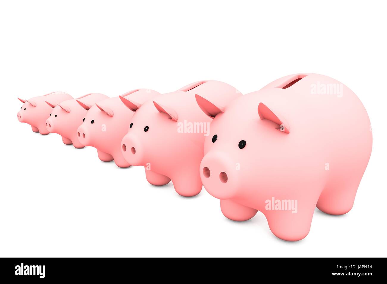 3d illustration : ligne de pink piggy bank on a white background isolés. vont de la plus petite à la plus grande boîte de l'argent. cinq pièces de monnaie dans une rangée Banque D'Images