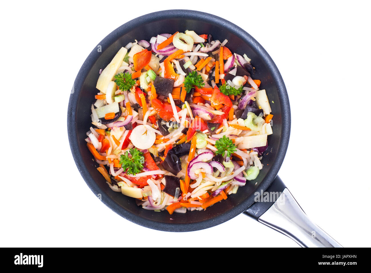 Poêlée de légumes aux champignons mun, pousses de bambou et soyb Banque D'Images