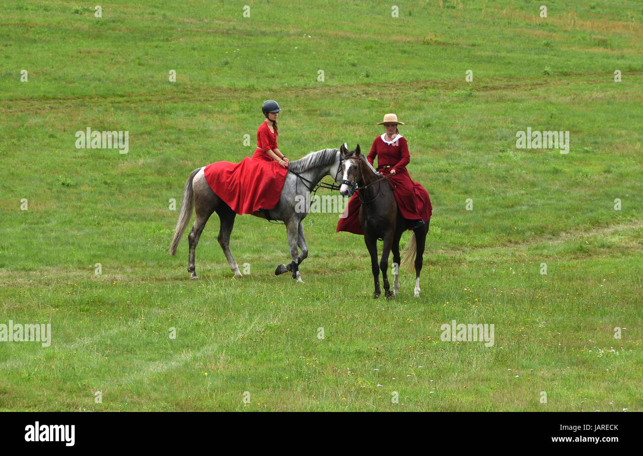 La mise en scène de la bataille de Grunwald médiévale dans laquelle les chevaliers teutoniques se sont battus contre les chevaliers polonais et lituaniens. Banque D'Images