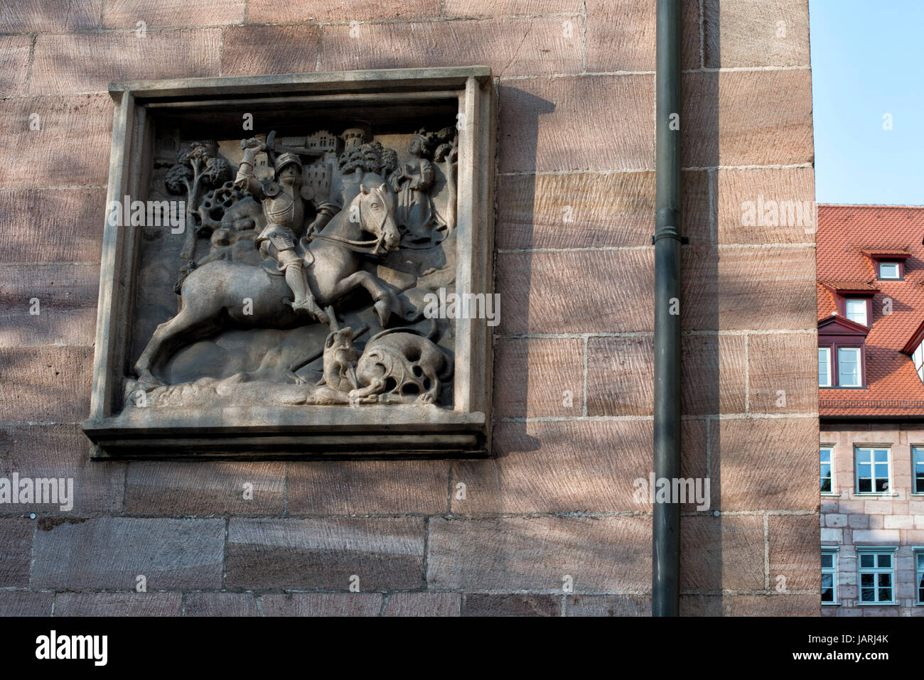 Relief sur un mur de grès typique, Nuremberg, Bavière, Allemagne Banque D'Images