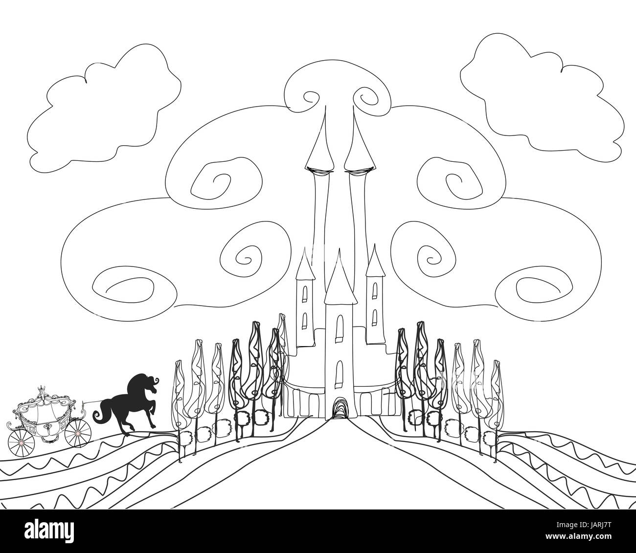 Silhouette d'une calèche et d'un château médiéval - dessin illustration Banque D'Images