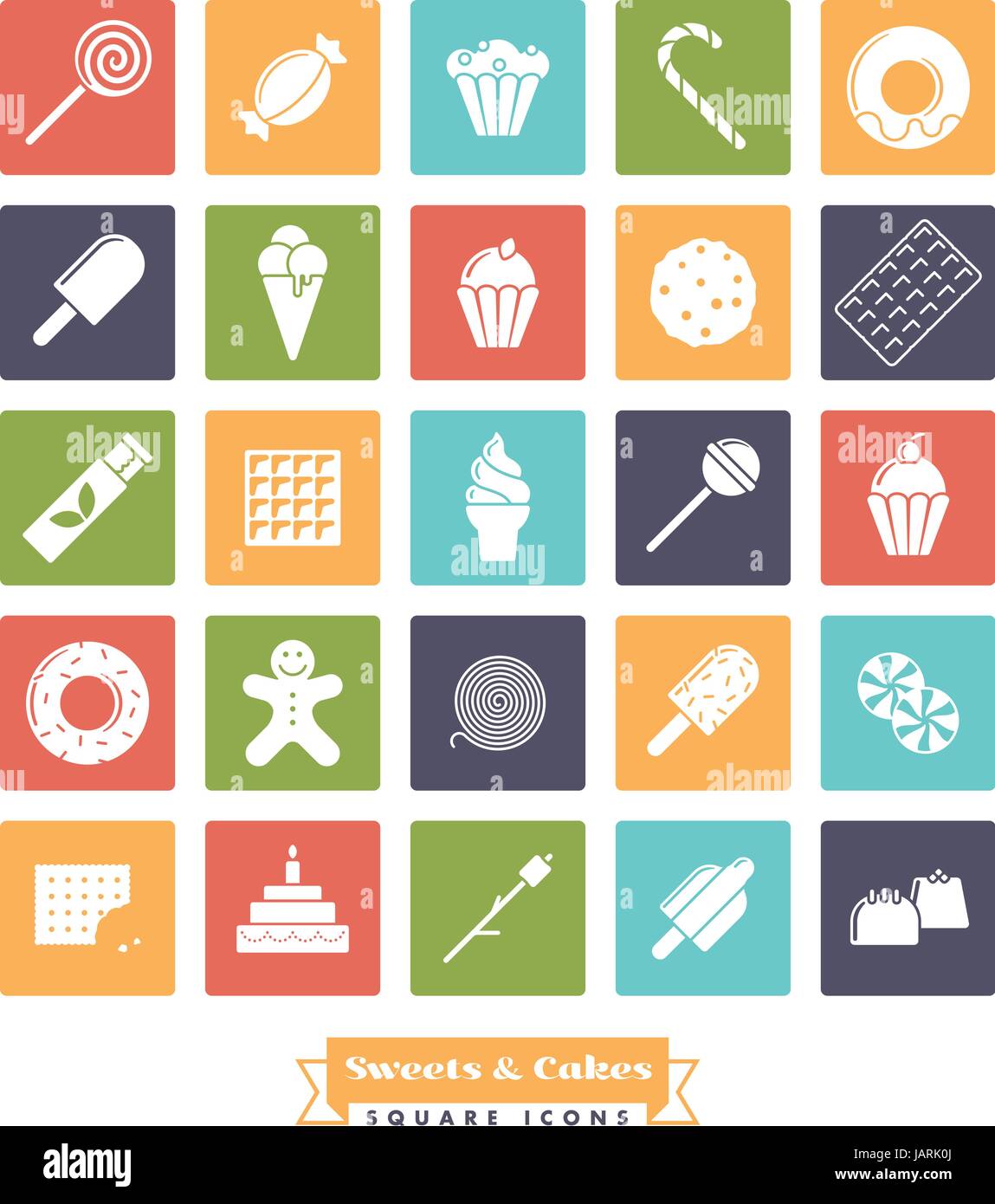Bonbons, gâteaux, bonbons, collection icône glyphe vecteur négatif en carrés de couleurs Illustration de Vecteur
