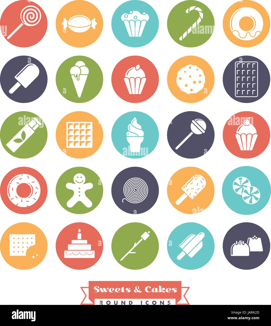 Bonbons, gâteaux, bonbons, collection icône glyphe vecteur négatif en cercles colorés Illustration de Vecteur
