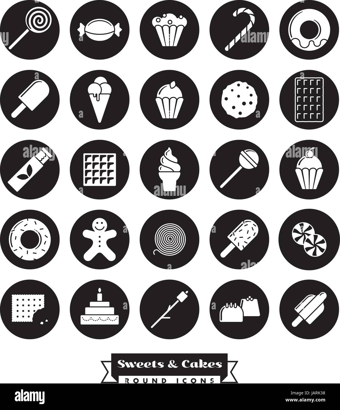 Bonbons, gâteaux, bonbons, collection icône glyphe vecteur négatif en cercles noirs Illustration de Vecteur