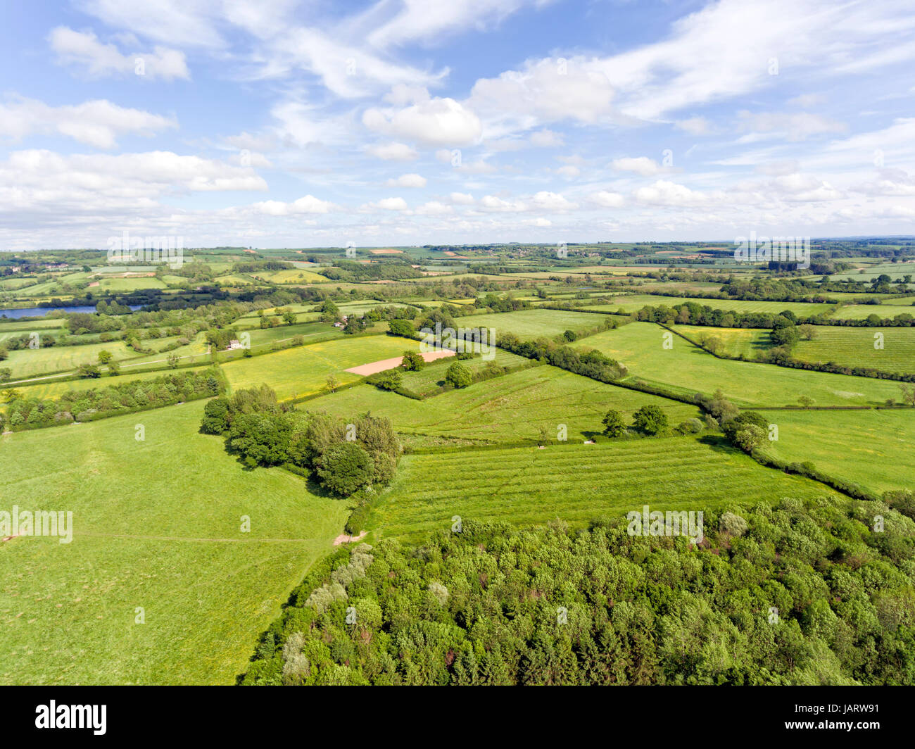 Vue aérienne de la campagne anglaise rurale de vert des champs, prés de fleurs sauvages, un bocage, bois, un jour d'été . Banque D'Images