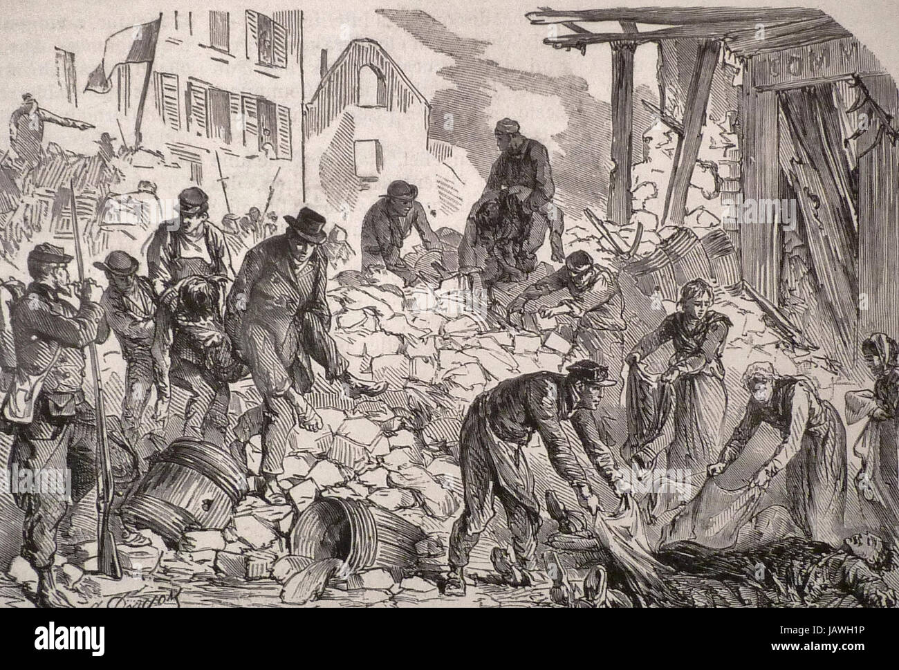 Les parisiens sont réquisitionnés pour enlever les cadavres après les combats - Gravure par Alfred Darjou, 1871 Banque D'Images