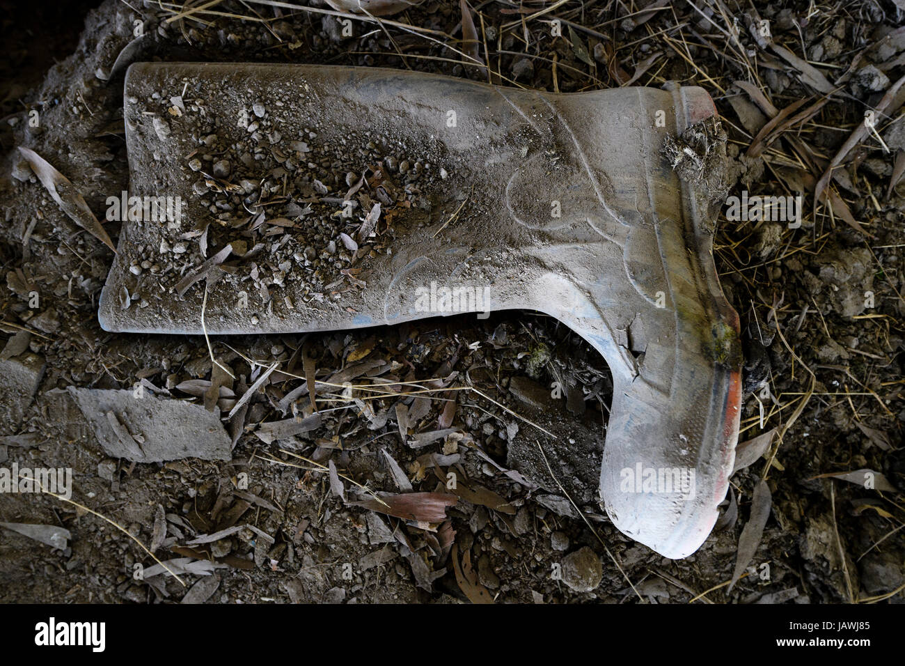 Un vieux gum boot échassier dans la poussière d'une ferme abandonnée. Banque D'Images