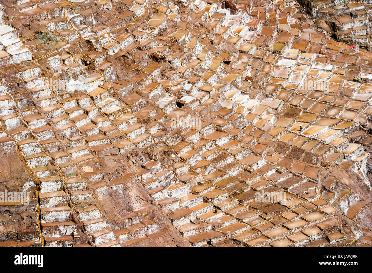 Une mine de sel Inca composé d'étangs d'eau de source salée s'évaporer. Banque D'Images