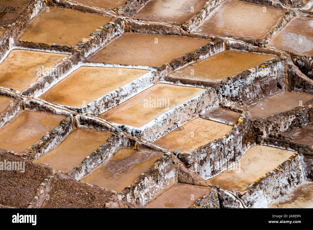 Une mine de sel Inca composé d'étangs d'eau de source salée s'évaporer. Banque D'Images