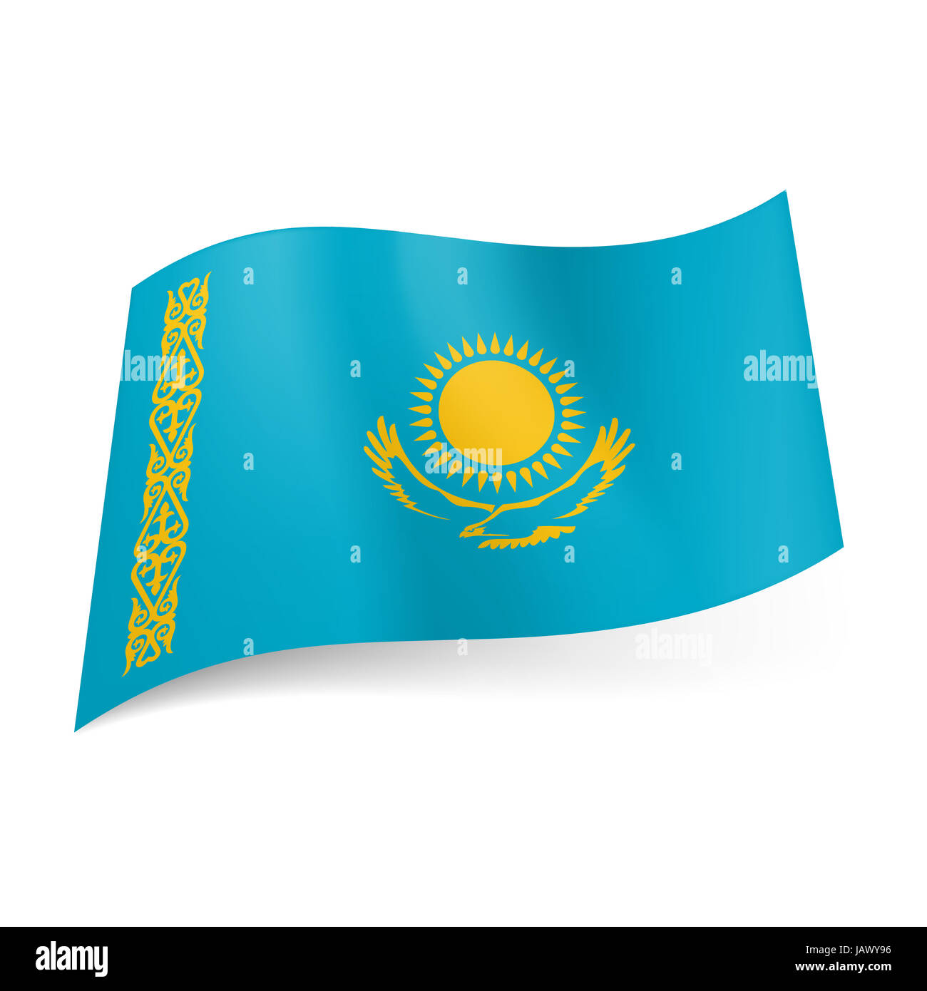 Drapeau Du Kazakhstan Sur Un Mât En Bois Avec Un Fond Blanc