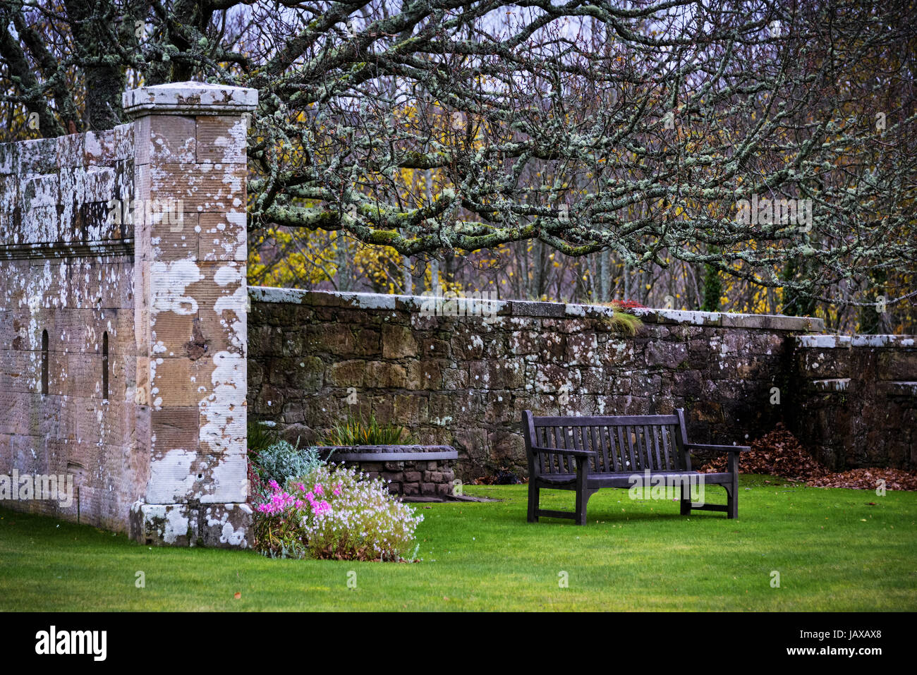 Banc dans un parc en automne, en Écosse Banque D'Images