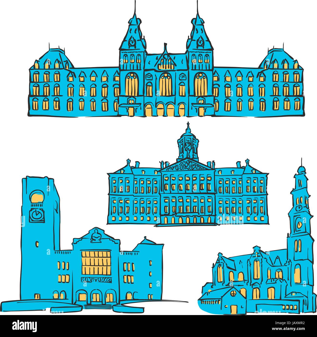 Amsterdam, Pays-Bas, repères de couleur, Scalable Vector Monuments. Rempli de forme bleue et jaune. Illustration de Vecteur