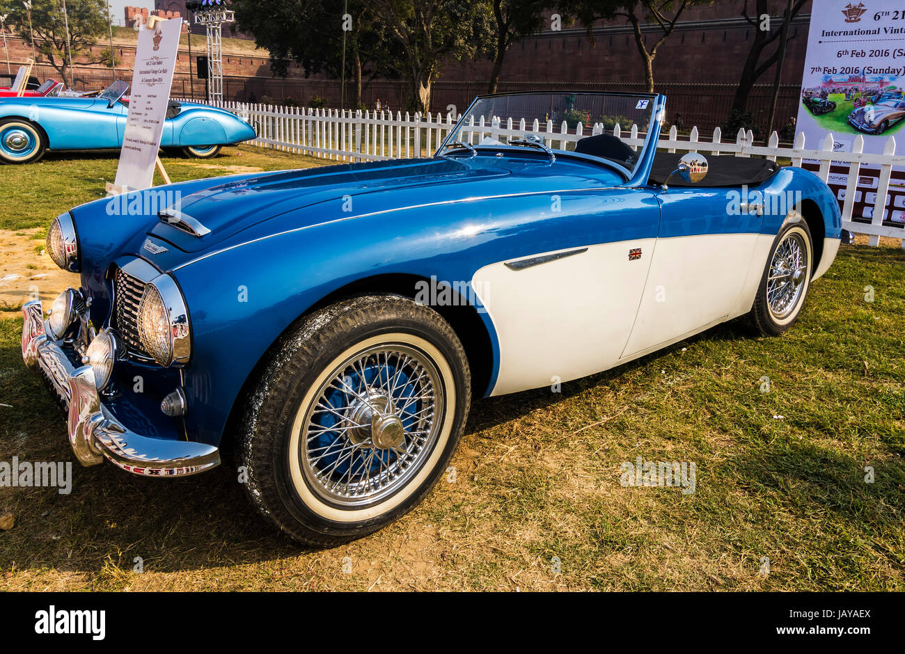 New Delhi, Inde - 6 Février 2016 : vue latérale d'une belle rétro britannique Austin-Healey 3000 oldtimer voiture sur l'affichage à la salve de 21 International Banque D'Images