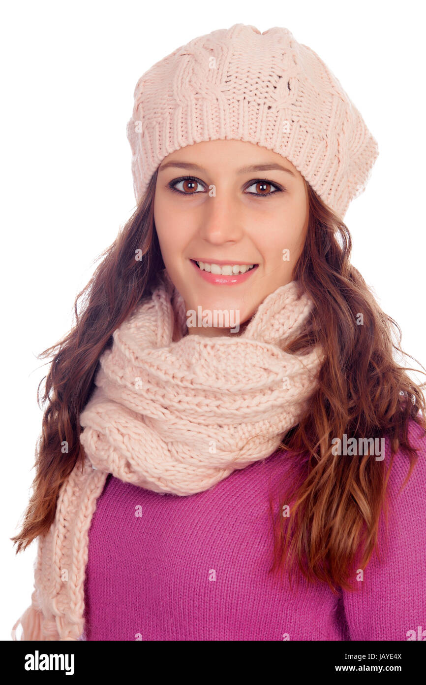 Belle fille avec bonnet et écharpe en laine isolé sur fond blanc Photo  Stock - Alamy