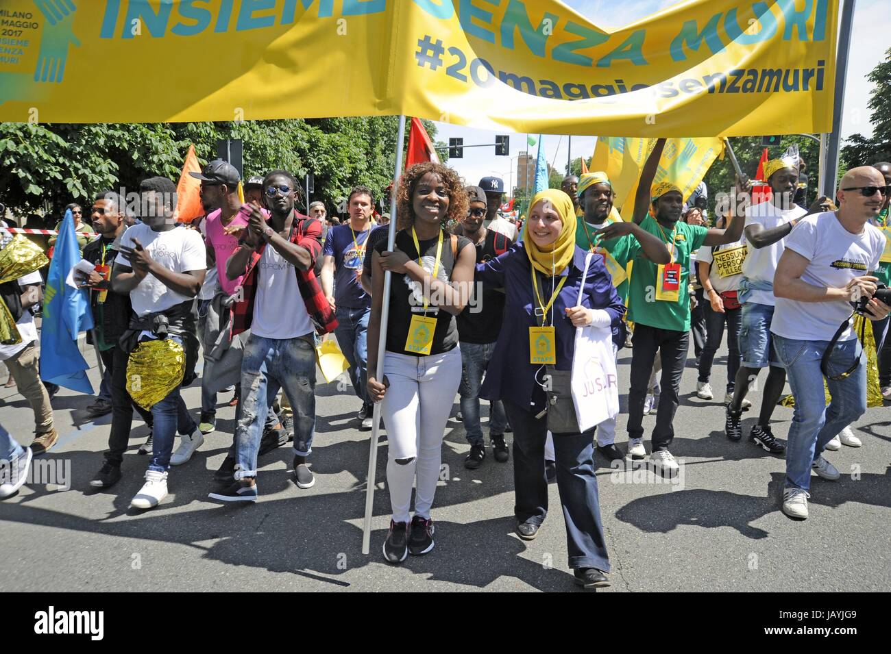 Milan, 20 mai 2017, 'Ensemble sans murs' démonstration pour l'accueil et l'intégration des peuples migrants Banque D'Images