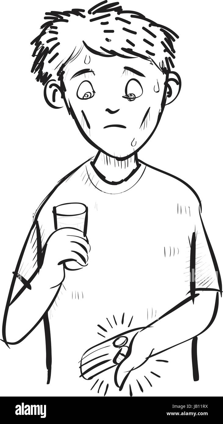 Caricature de l'homme effrayé d'un comprimé et gélule, tenant un verre d'eau. dessin d'art de la ligne. Illustration de Vecteur