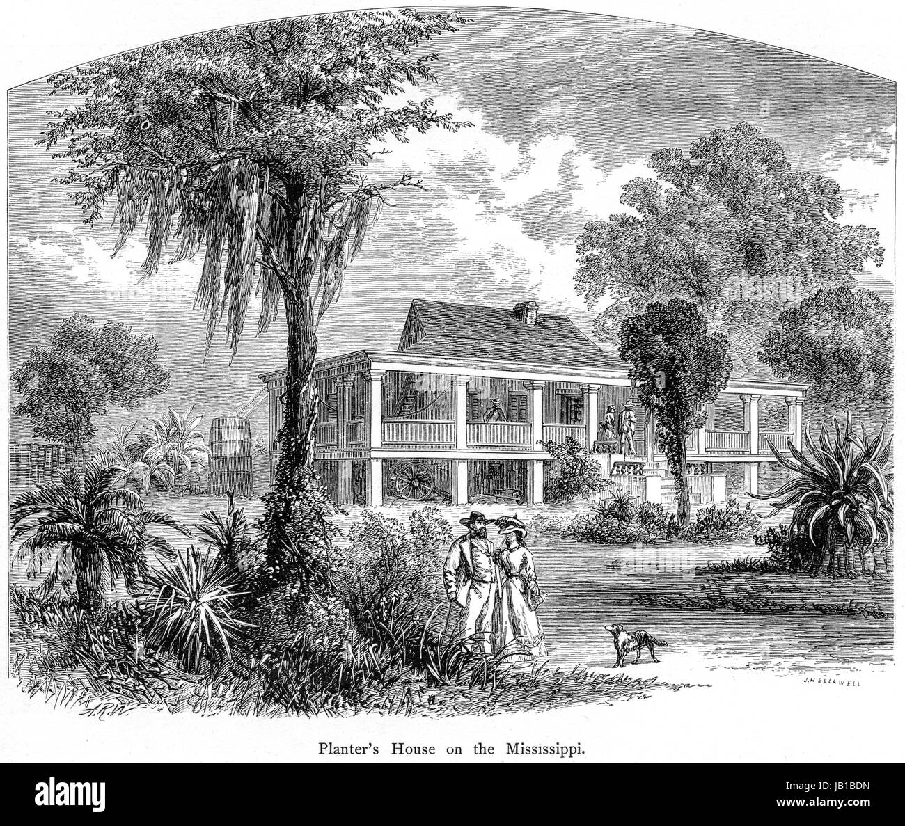 Une gravure d'une maison de planteurs sur le Mississippi numérisées à haute résolution à partir d'un livre imprimé en 1872. Croyait libres de droit. Banque D'Images