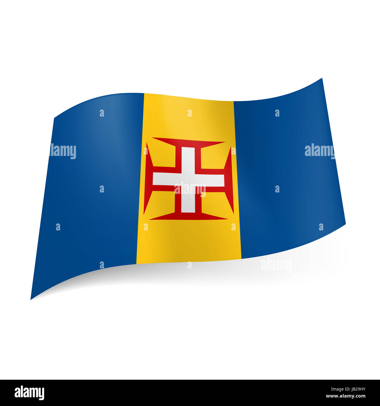 Drapeau de la région autonome de Madère - Portugal : jaune et bleu avec des rayures verticales de bordé rouge croix blanche sur la bande centrale Banque D'Images