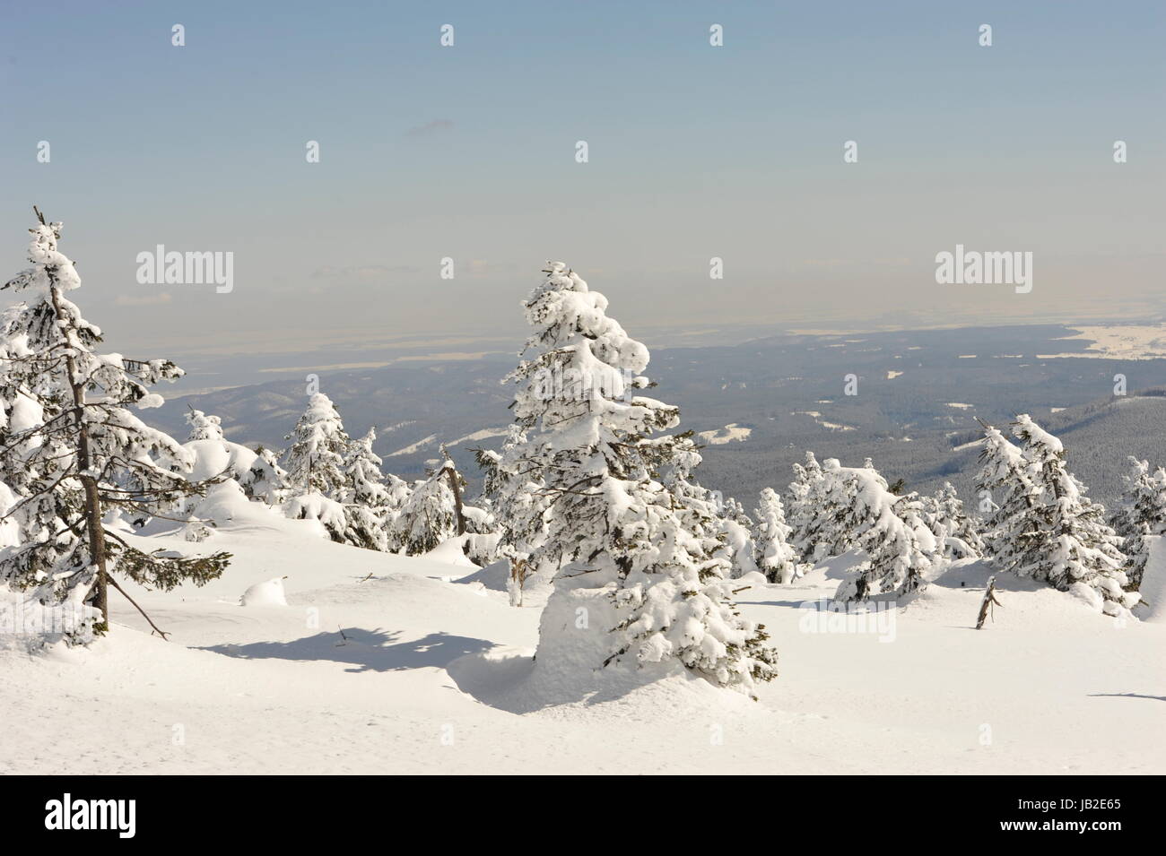 Brocken im Schnee und Eis, hiver,Harz.en hiver paysage brumeux Brocken Harz en Allemagne. Banque D'Images