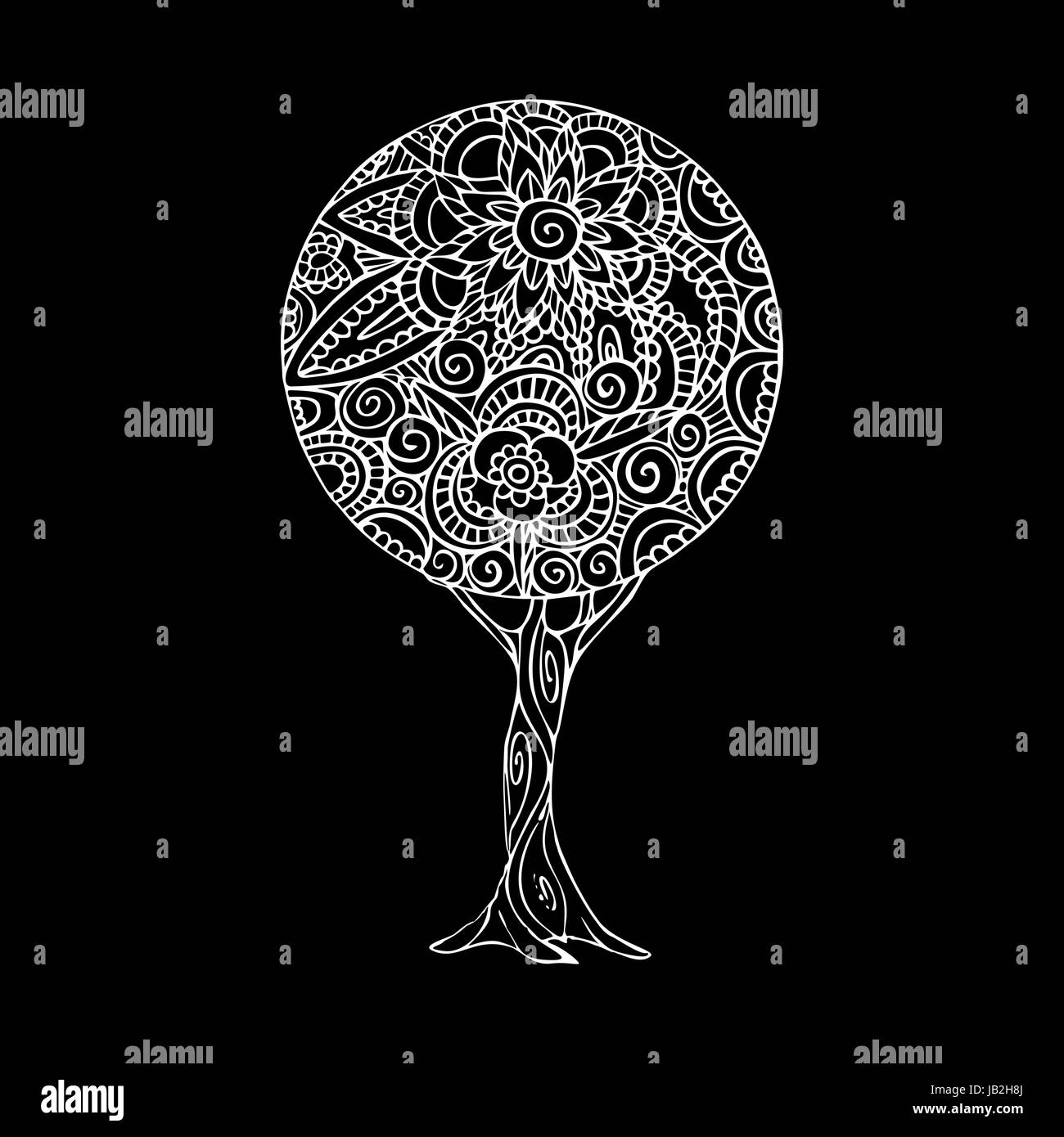 Illustration de l'arbre de noir et de blanc à la main, design mandala décoration florale traditionnelle de style ethnique. Vecteur EPS10. Illustration de Vecteur