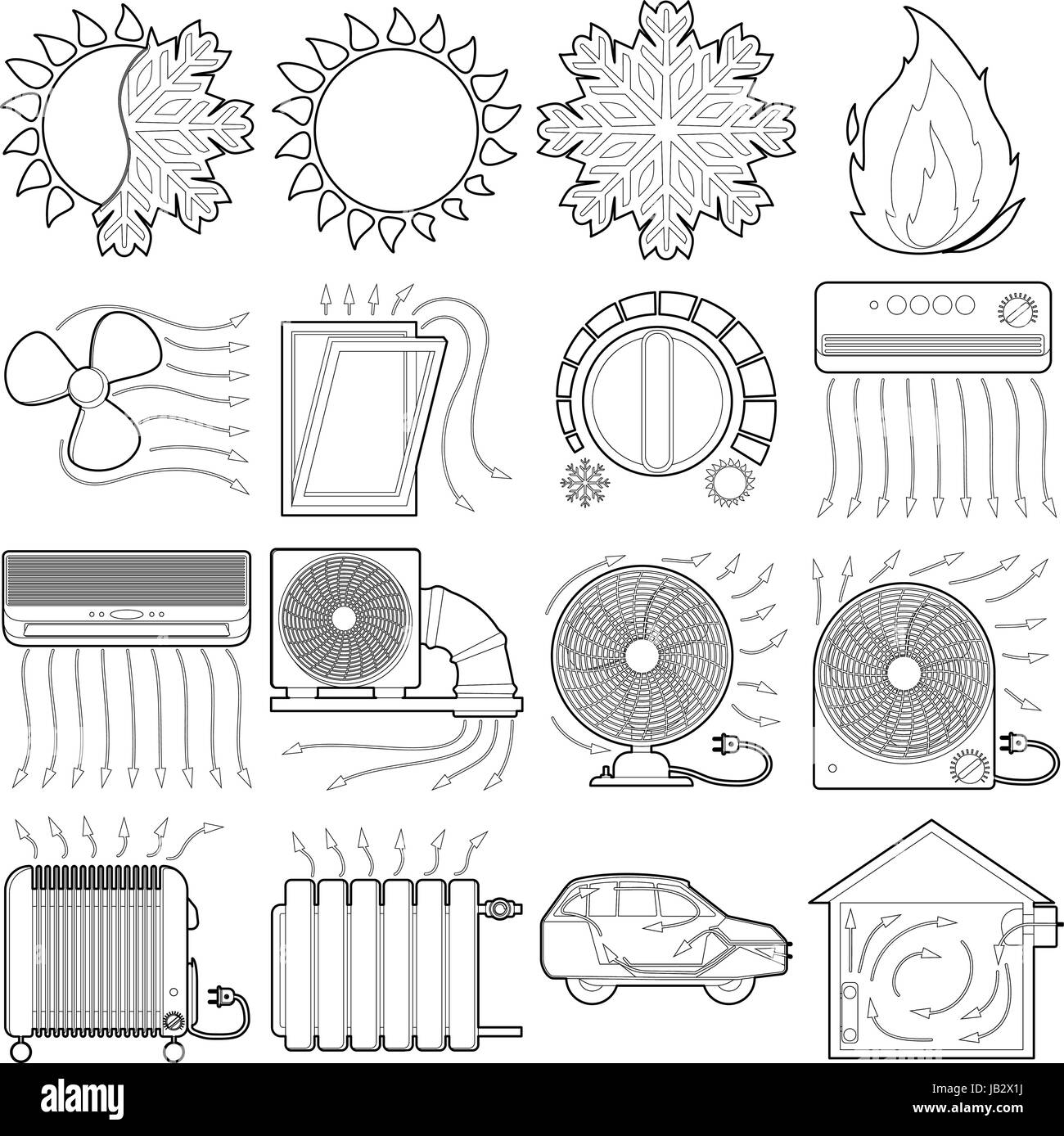 Débit d'air froid chaleur icons set outils style du contour, Illustration de Vecteur