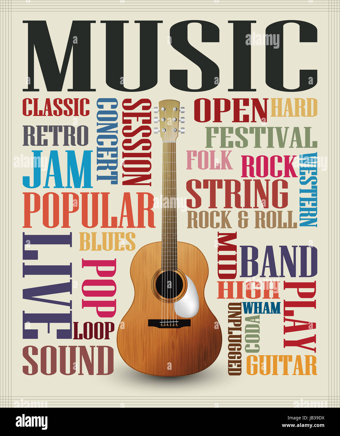 Retro style poster avec la guitare classique, musique thème Photo Stock -  Alamy