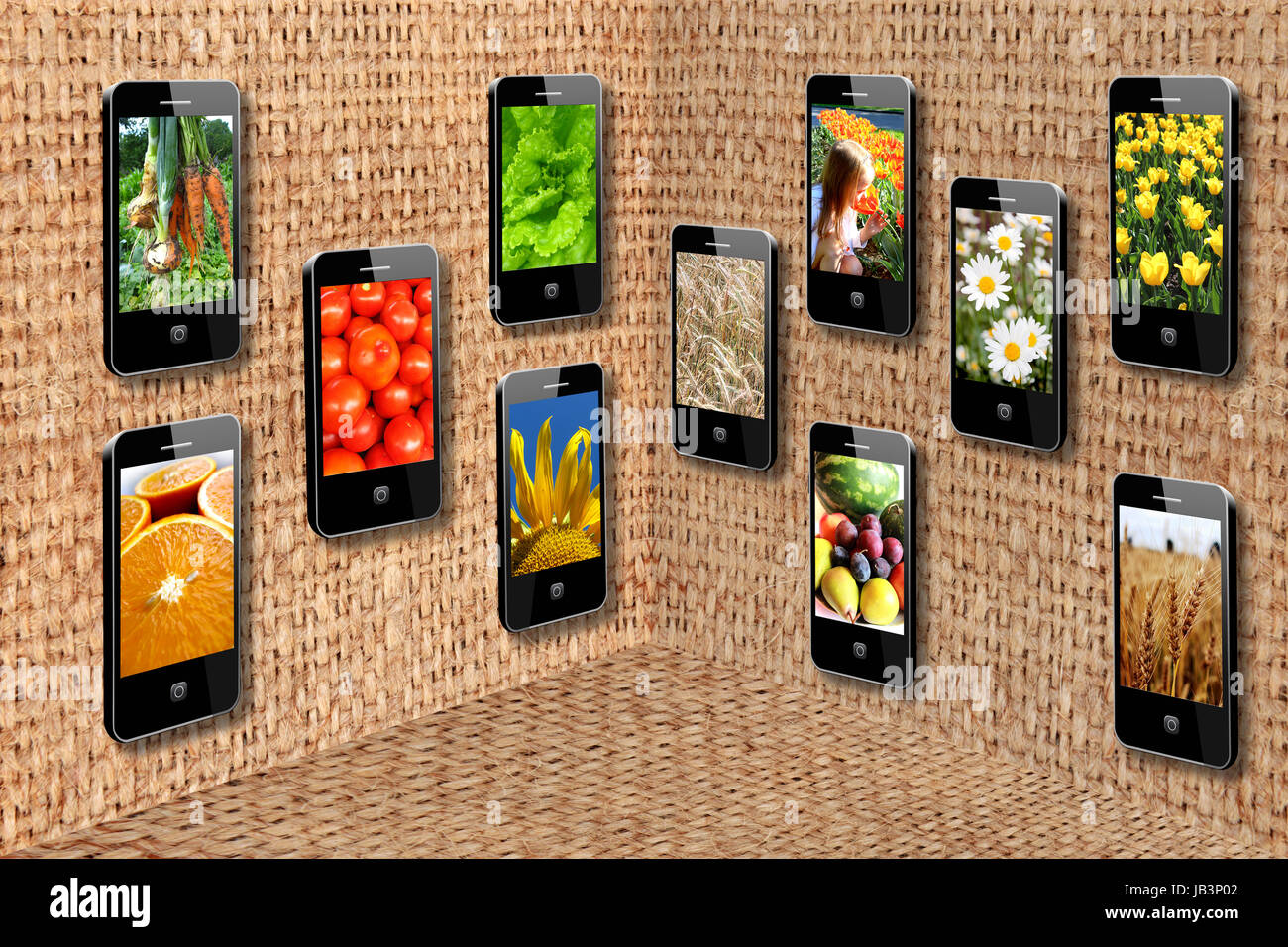 Les téléphones mobiles modernes avec des images différentes en trois dimensions de la platitude limogeage Banque D'Images