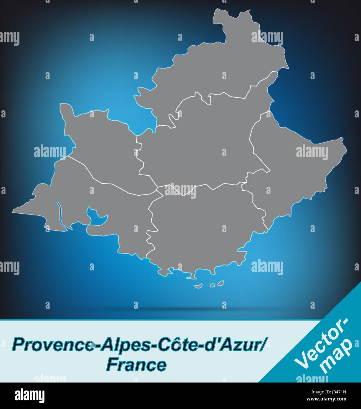 Provence-Alpes-Côte d'Azur en Frankreich als Grenzkarte Grenzen und durch die Gestaltung ansprechende fügt sich die Karte perfekt dans Ihr Vorhaben ein. Banque D'Images