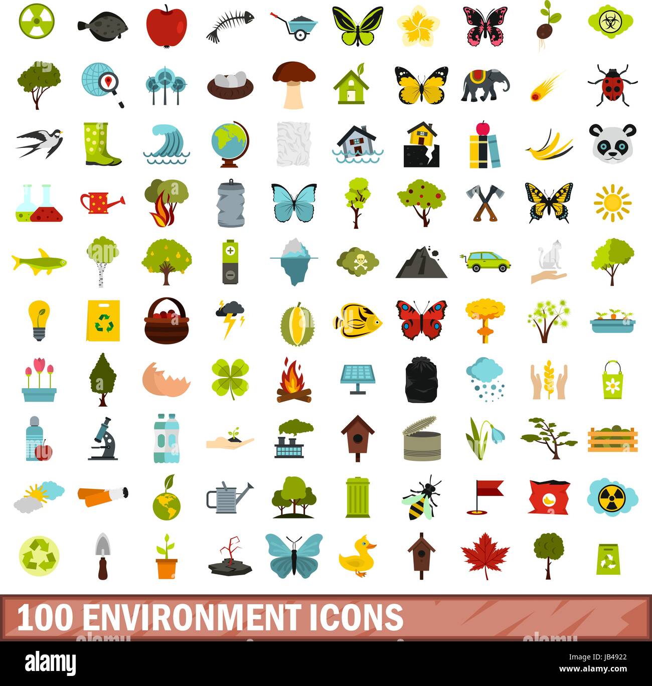 100 environnement icons set, style plat Illustration de Vecteur