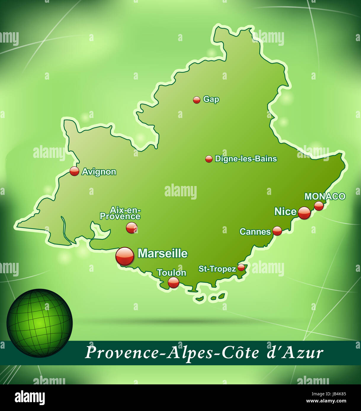Provence-Alpes-Côte d'Azur en Inselkarte abstraktem Frankreich als mit Hintergrund dans Grün. Durch die Gestaltung ansprechende fügt sich die Karte perfekt dans Ihr Vorhaben ein. Banque D'Images
